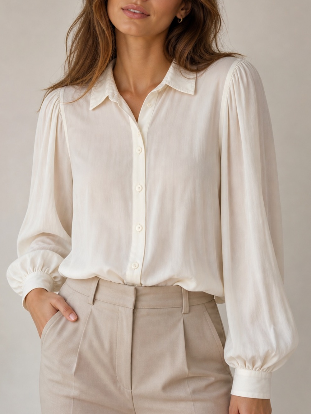 Mimi Plange 100% Silk Button Down Blouse Size 2 Cream Bishop Sleeve Work Office